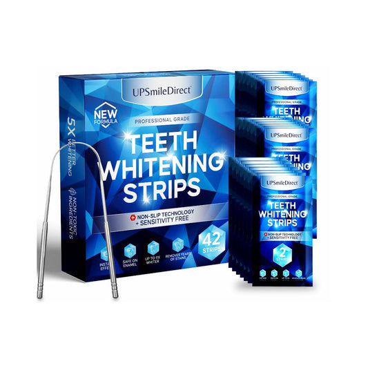 UPSmileDirect Professional Teeth Whitening Strips 21 Treatments - Peroxide Free - Non Sensitive Teeth Whitening - Pack of 42 Strips + Tongue Scraper + Mouth Opener Included