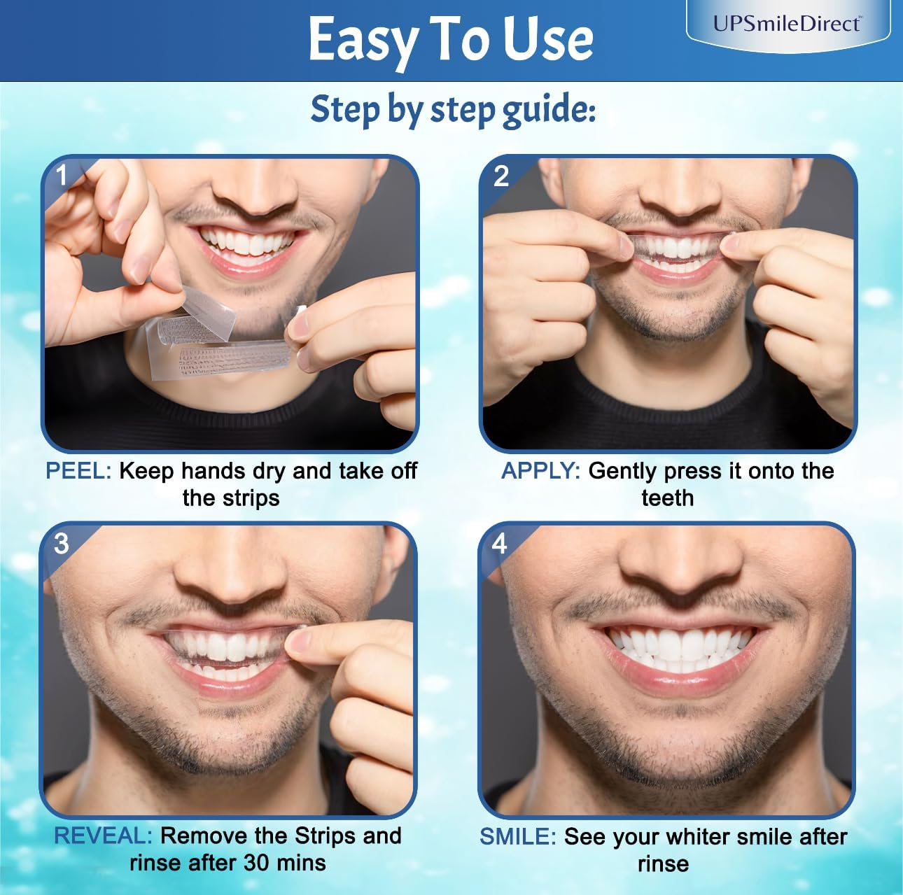 UPSmileDirect Professional Teeth Whitening Strips 21 Treatments - Peroxide Free - Non Sensitive Teeth Whitening - Pack of 42 Strips + Tongue Scraper + Mouth Opener Included
