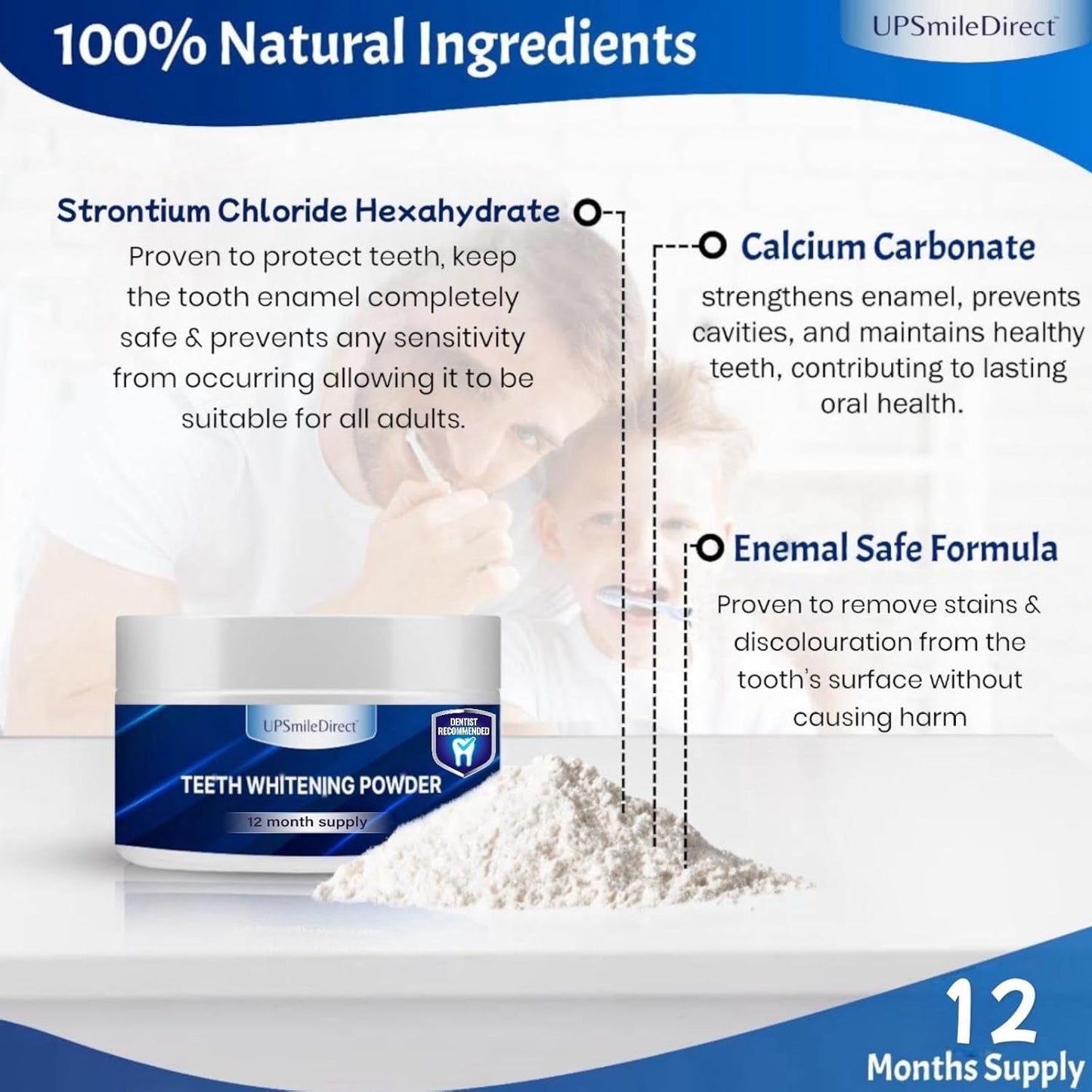 UPSmileDirect Teeth Whitening Powder - 1 Year Supply | Dentist Approved | Enamel-Safe & Sensitivity-Free | Cool Gel Mint Flavour | Removes Years of Stains