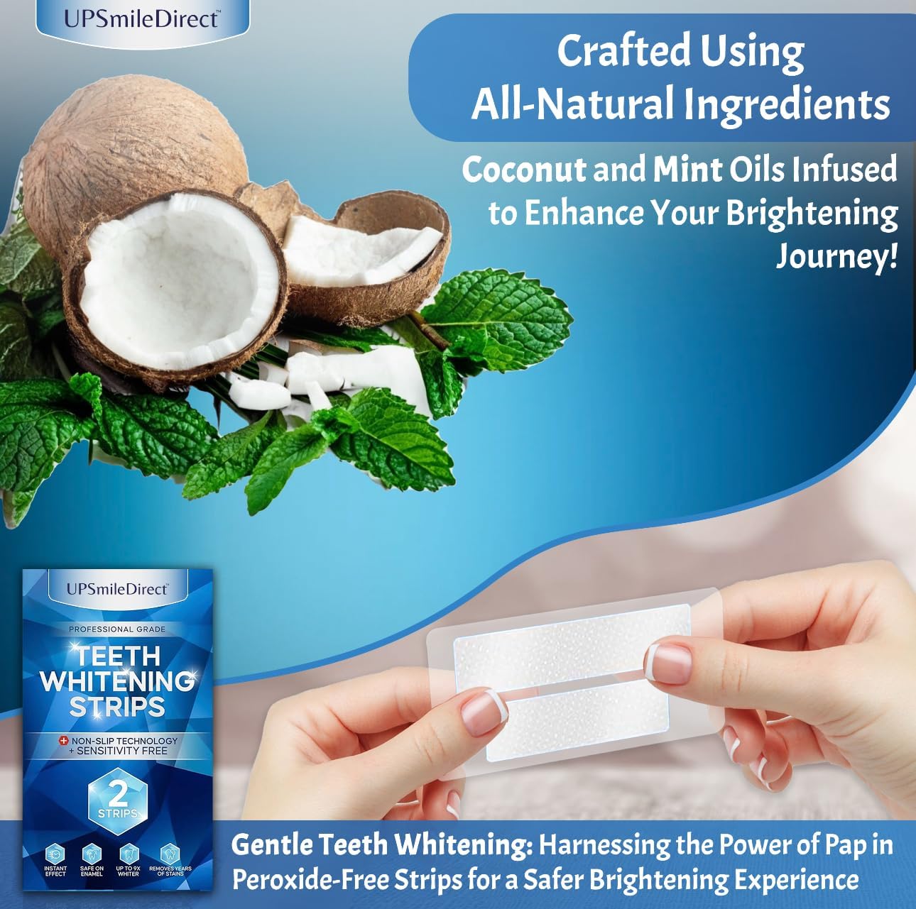UPSmileDirect Professional Teeth Whitening Strips 21 Treatments - Peroxide Free - Non Sensitive Teeth Whitening - Pack of 42 Strips + Tongue Scraper + Mouth Opener Included