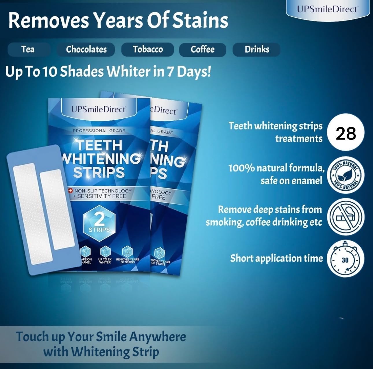 UPSmileDirect Professional Teeth Whitening Strips 14 Treatments -Enamel Safe - Non-Sensitive - 28 Peroxide-Free Strips -Dentist Formulated Teeth Kit